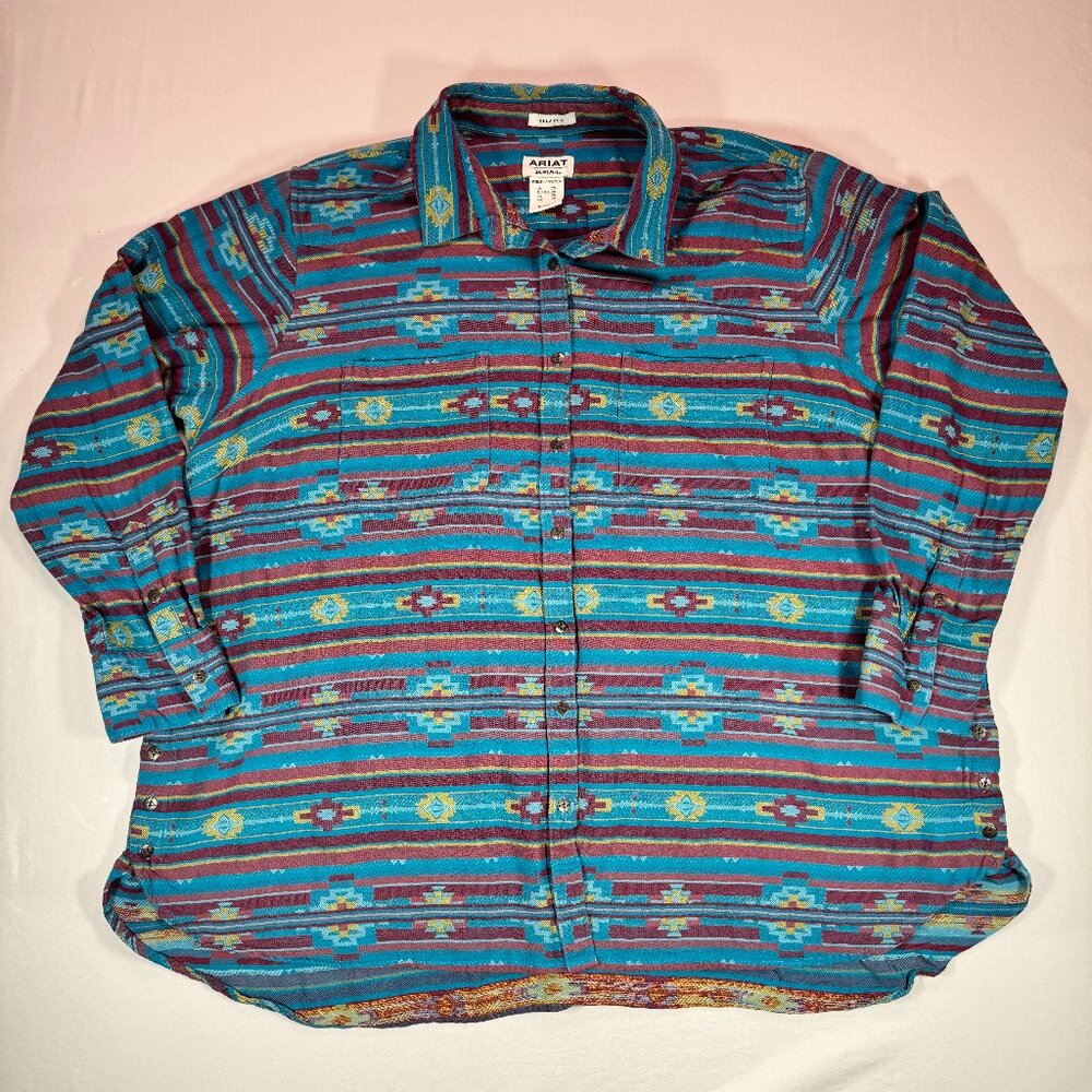 Ariat Multicolor Southwestern Stripe Button-Up Shirt - Teal, Maroon, Yellow